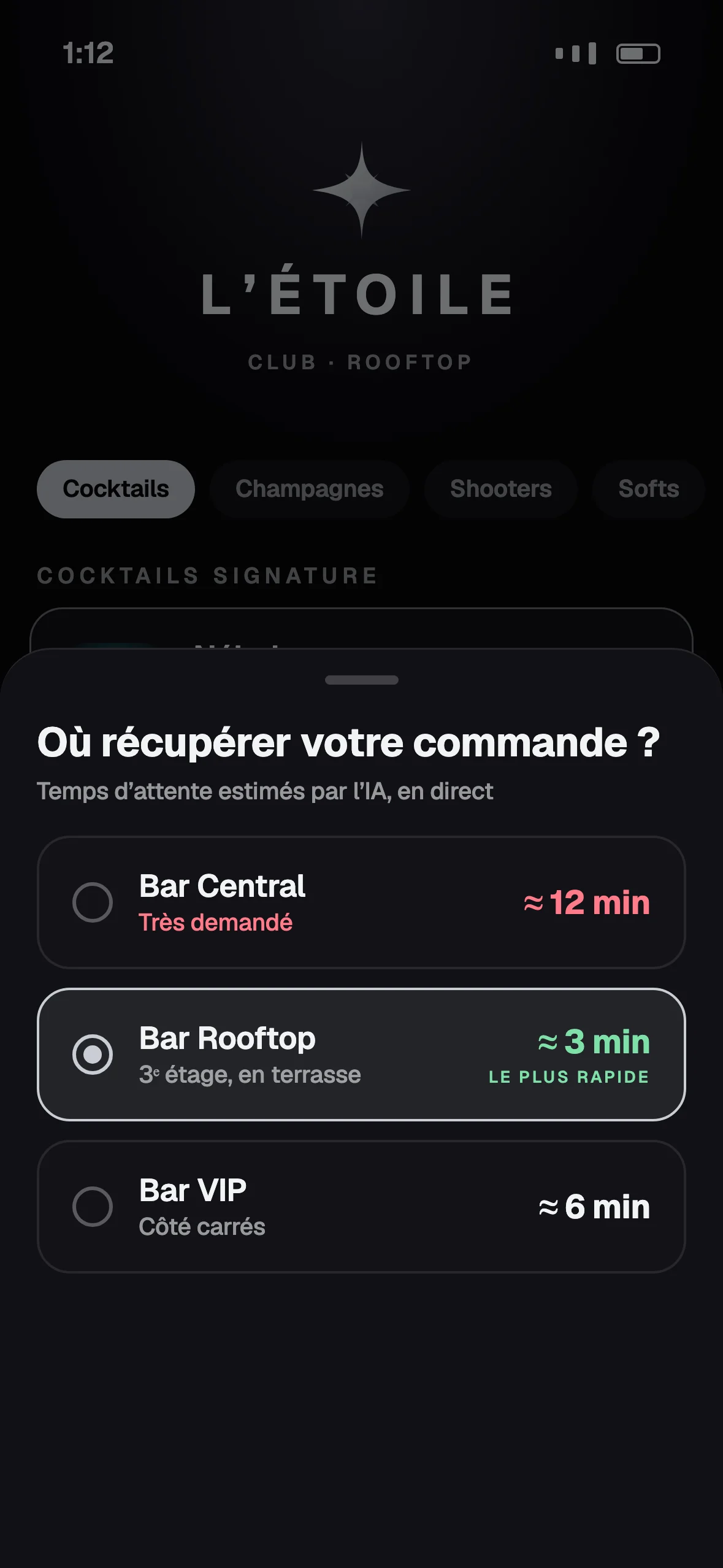 Où récupérer votre commande ? Bar Central, très demandé, environ 12 minutes ; Bar Rooftop, le plus rapide, environ 3 minutes (choisi) ; Bar VIP, environ 6 minutes