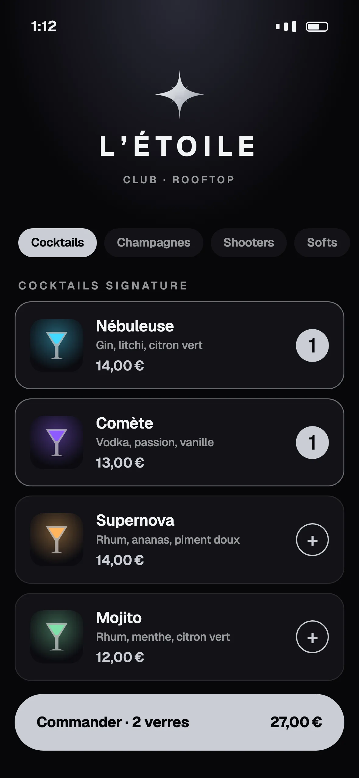 La carte de L’Étoile : deux cocktails ajoutés, le bouton Commander en bas