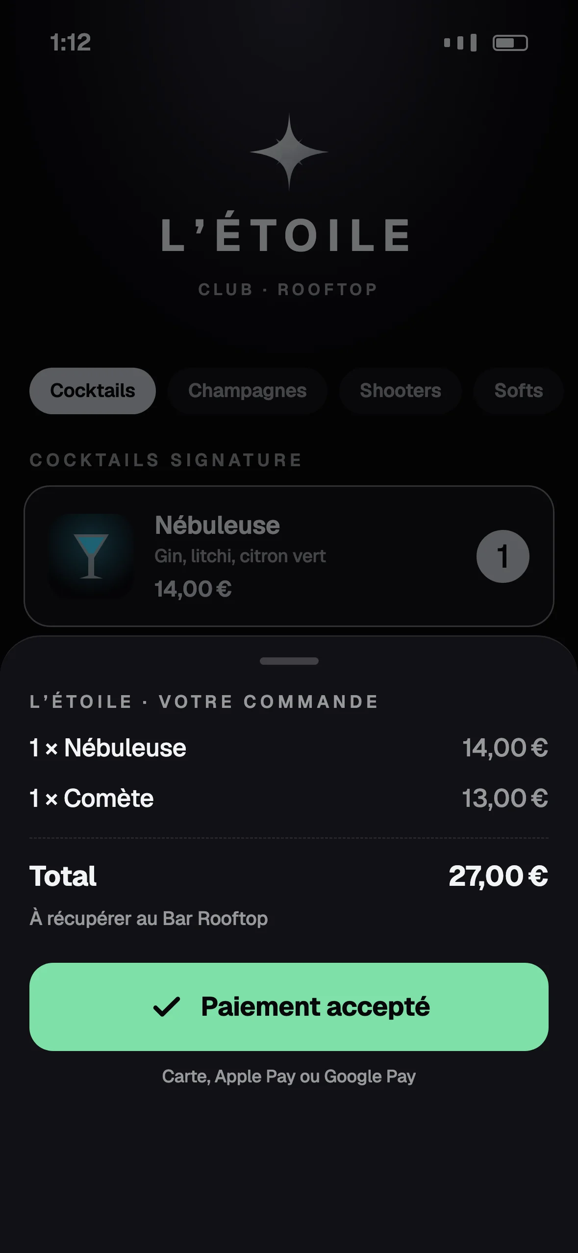 Le paiement dans la page : deux cocktails, 27 €, paiement accepté