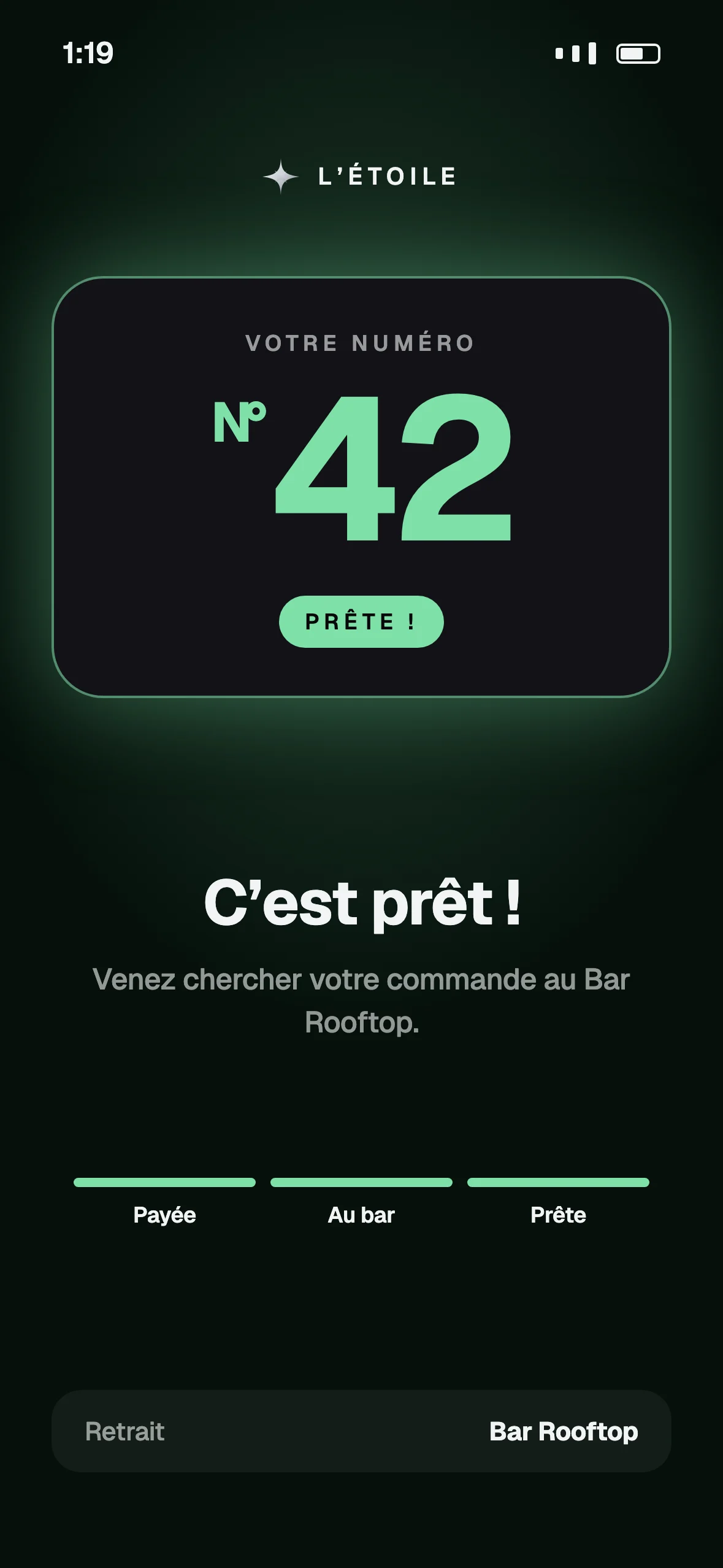C’est prêt ! Numéro 42, à récupérer au Bar Rooftop