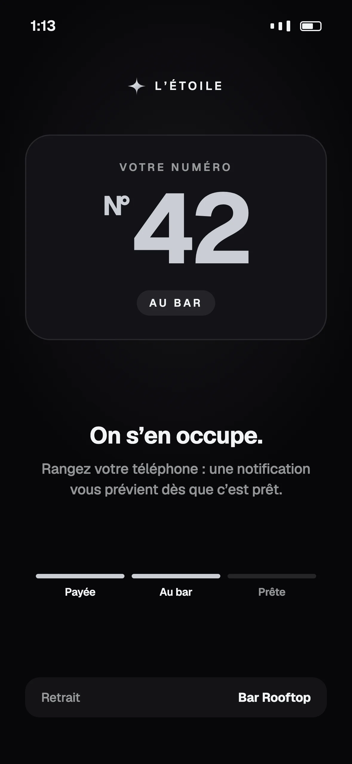 Le ticket du client : numéro 42, en préparation au bar